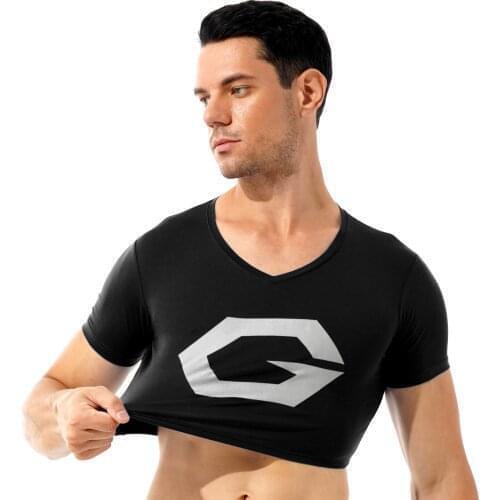 Men Streetwear Fashion Print V Neck Cropped T-shirt Breathable Short Sleeve Vest Sexy Crop Top Sport Fitness Yoga Dance Costumes