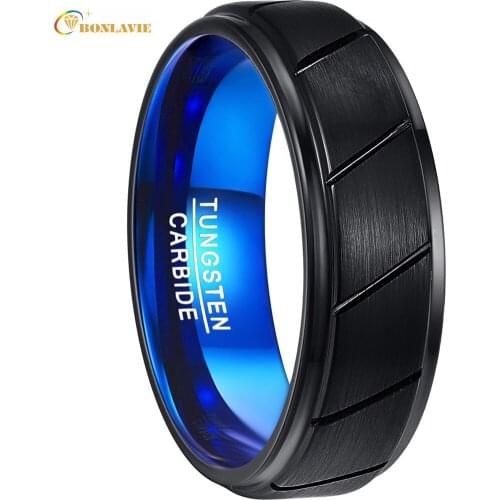 BONLAVIE Mens Ring Tungsten Steel Ring 8MM Width 2.3MM Thick Male Blue Outer Black Surface Rings for Men Wedding Rings Jewelry