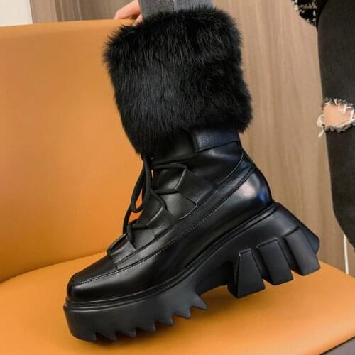 New Winter Warm High Platform Handmade Genuine Leather Boots Cross Tied Chunky Heels Rabbit Fur Slip On Thick Sole Womens Shoes