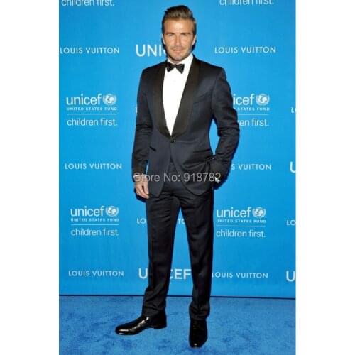 2016 New Arrival One Button Navy Blue Groom Tuxedos Shawl Lapel Groomsmen Best Man Tuxedo For Men Wedding Suits Jacket+Pants+Bow