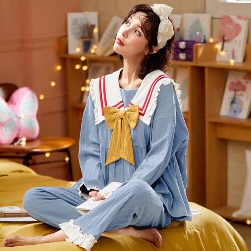 2021 Spring Kawaii Princess Style Blue Sailor Moon Print Sleepwear Cotton Long Sleeve Women Pajamas Set Cute Doll Collar Pajamas