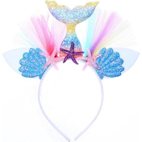5pcs/lot Rainbow Shell Mermaid Plastic Headband Mesh Princess Party Dance Hairbands Hoop Festivel Headdress Hair Accessories
