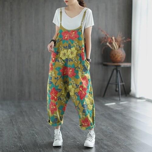 QPFJQD Women Vintage Printing Pockets Loose Wide Leg Jeans 2021 Summer Autumn Simple Ankle-length Flower Jumpsuits Plus Size
