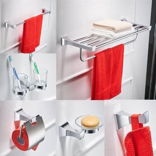 Modern Bathroom Hardware Set Wall Mounted Glass Shelf 2 Layer Silver Bath Accessories Brass Toothbrush Holder Towel Paper Holder