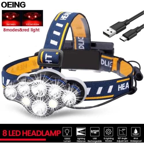 Super Bright 8 LED Headlight 8Modes Waterproof Headlamp Fishing Camping Riding Head Flashlight With Red Warning Light Lantern