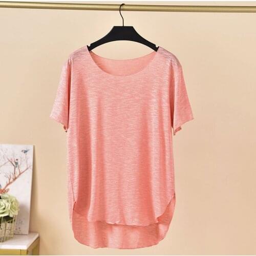 Womens Soft Bamboo Loungewear Tops Loose Short Sleeves Tee Shirt Curved Hem High Low Boyfriend T-Shirt Modal Thin Casual Tee