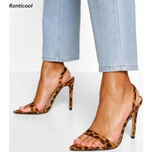 Ronticool Handmade Women Summer Sandals Artificial Suede Stiletto Heels Pointed Toe Gorgeous Leopard Dress Shoes US Size 5-15