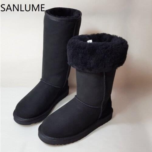 SANLUME New Winter Boots Women Fur Real Leather knee high Long Snow Boots For Woman Platform Thigh High Flat Slip On Plus size