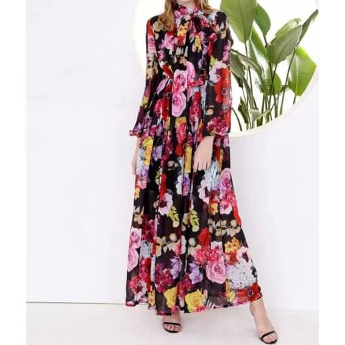 Qian Han Zi 2019 fashion runway Maxi dress Womens long sleeve bow collar vintage flower print chiffon beach Bohemian long dress
