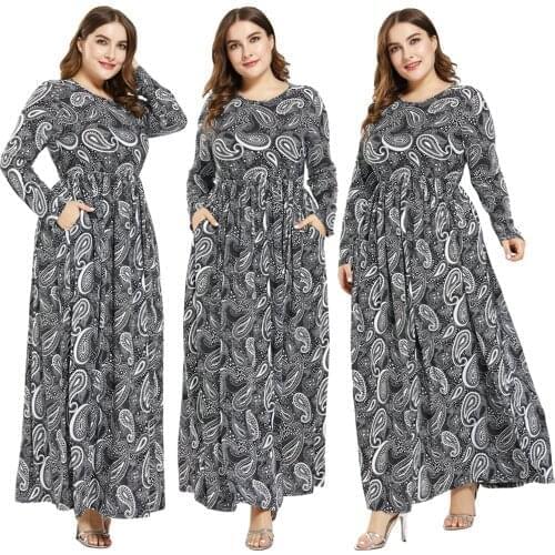 Plus Size Women Muslim Abaya Dress Floral Print Kaftan Casual Loose Pleated Islamic Jilbab Fashion Ladies Dresses Vintage Robes