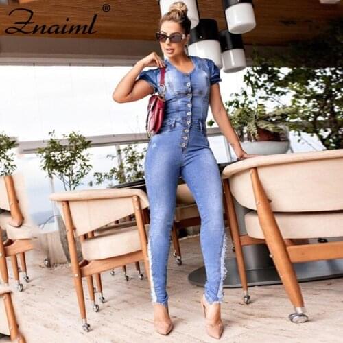 Znaiml Women Denim Jumpsuit Chic Trousers Bottom Ripped Holes Casual Jeans Ladies Single-breasted Short Sleeve Skinny Rompers