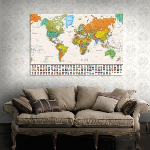 130*90cm The Vintage World Political Map with National Flags Wall Poster Non-woven Canvas Painting Home Decor School Supplies