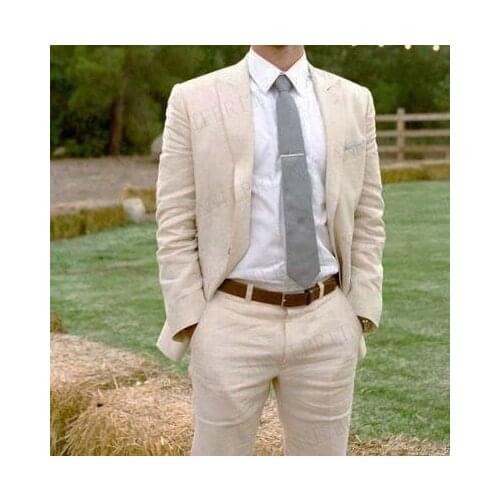 ANNIEBRITNEY Fashion Summer Beach Garden Prom Wedding Suits For Men Beige Linen Casual Suit Custom Groom Best Man Tuxedo 2019