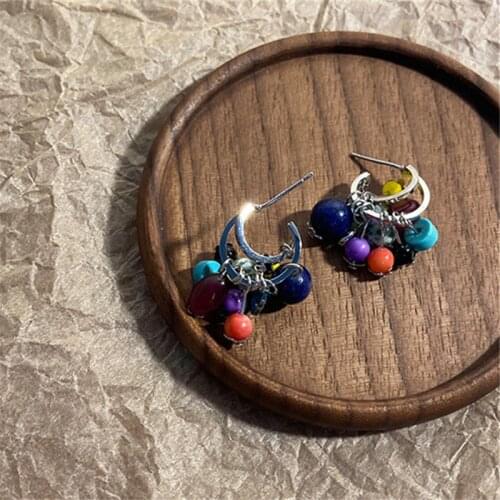 AOMU Personality Retro Ethnic Handmade Colorful Beads Metal Geometric Contrast Drop Earrings for Women Fashion Trip Jewelry Gift