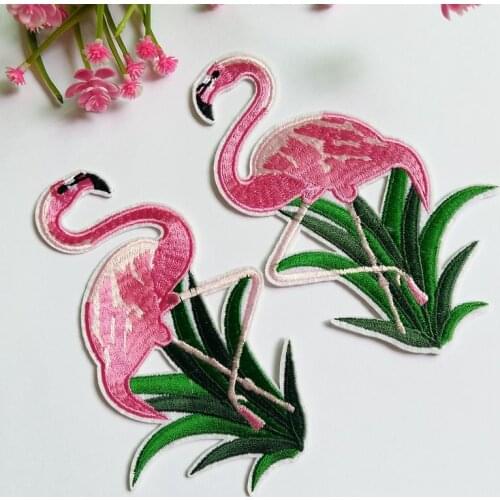 2pcs/lot symmetry Flamingo Patch for Clothes Sewing on Rhinestone Beaded Applique for Jackets Jeans Bags Shoes Beading Applique