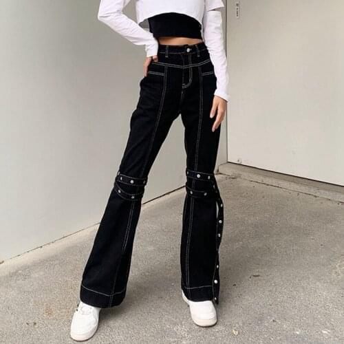 White Thread Casual Black Denim Pants Hip Hop High Waist Jeans Women with Strips Harajuku Fashion Trousers Ladies