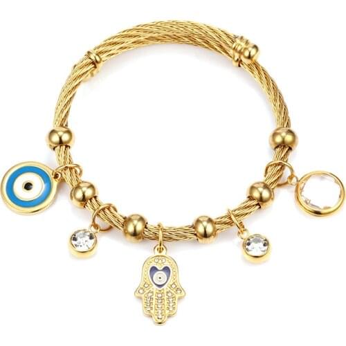 Turkish Crystal Evil Eyes Bracelet For Women Gold Stainless Steel Bangles With Charms Luxury Bangle For Man Fashion Jewelry Gift