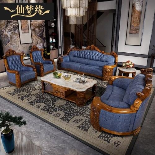 Black gold leather sofa solid wood Koi carved European style villa large luxury high grade furniture