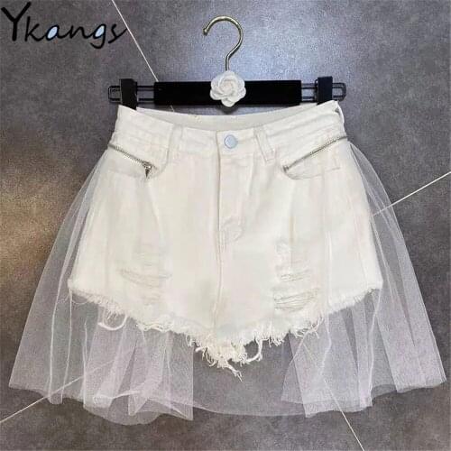 WomenS Summer Y2K Zipper Ripped Hole Denim Shorts Fashion Detachable Mesh High Waist Jeans Female Tassels Mini Cowboy Shorts