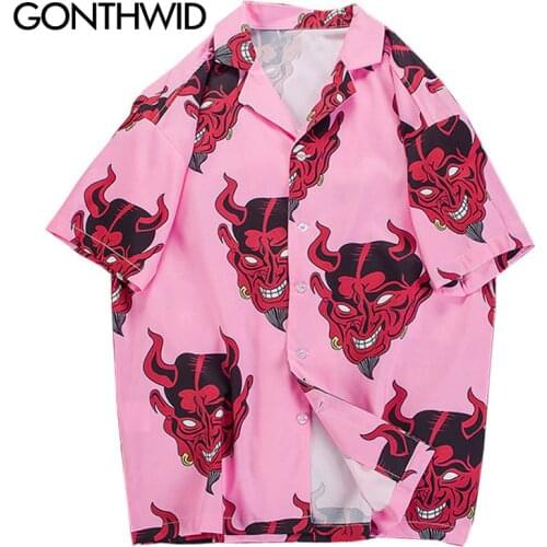 GONTHWID Devil Print Hawaiian Shirts 2020 Men Beach Aloha Camp Casual Holiday Short Sleeve Shirt Fashion Hip Hop Streetwear Top