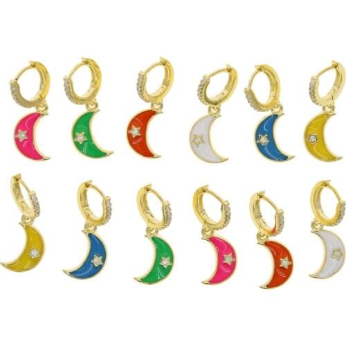 Colorful girl women jewelry 2020 Christmas gift Neon enamel star moon charm dangle hoop earring gold color