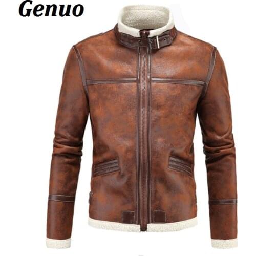 Genuo Mens Leather Jacket Faux Fur Stand Collar Moto Biker Faux Leather Jacket Outwear Men Casual Fleece Jacket Overcoat