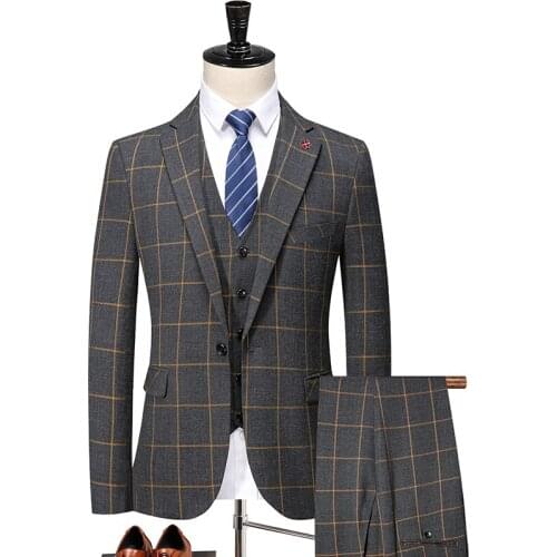Jacket+Vest+Pants) Mens Plaid Suit Blue Gray Tuxedo Slim Mens Business Wedding Dress Men Classic Suit Formal Three pieces Men