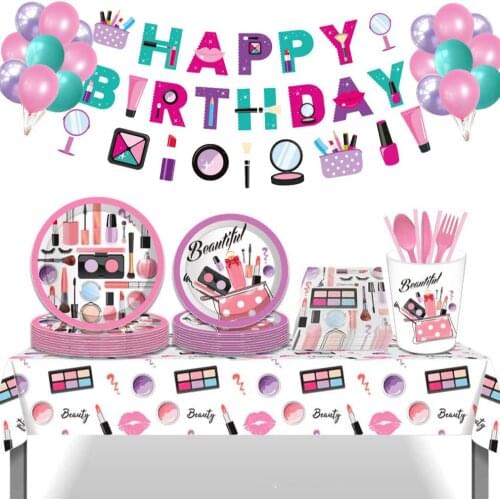 Make Up Girls Happy Birthday Dinner Dessert Plates Party Balloons Decorations Lipstick Disposable Tableware Kids Spa Party Favor