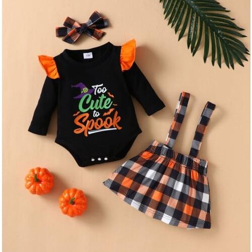 Fashion Newborn Infant Baby Girls Halloween Long Sleeve Letter Printed Romper+Lattice Suspenders Skirt Headbands Outfits Set#g4