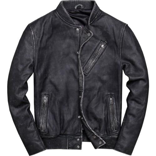 Mens Cowhide Motorcycle Retro Genuine Leather Jacket Slim Short Baseball Uniform Youth Jacket