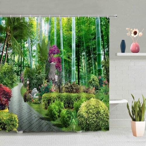Natural Scenery Shower Curtain Sets Green Bamboo Forest Flowers Plants Park Landscape Bathtub Decor Screen Washable With Hooks