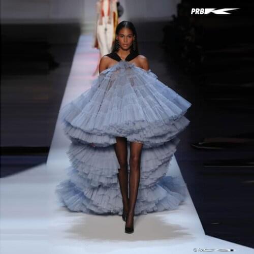 2021 New Puffy Women Dresses Custom Made Luxury Hi Low Ruffled Tulle Prom Party Dress With Sleeves Lace-up Back Plus Size