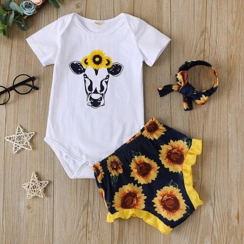 New Fashon Flowery Cartoon Baby Girl Clothes Sets T-shirt Pants Headband 0-3 Years Summer Bodysuits for Infants Kids Toddler