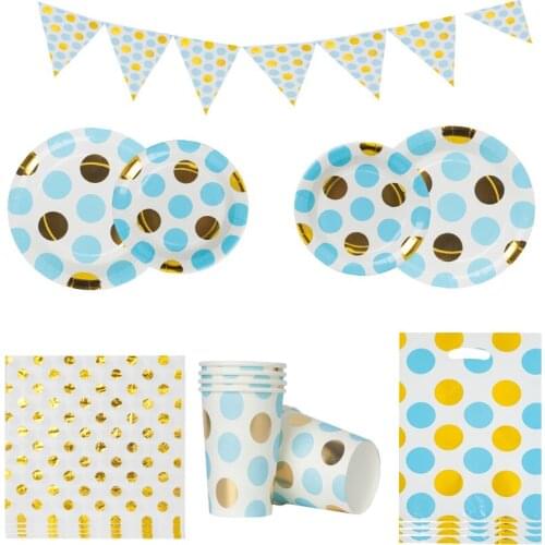 New Blue Bronzing Dot Birthday Party Disposable Tableware Set Paper Plates Cups Wedding Decor for Baby Birthday Party Supplies