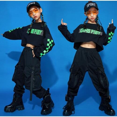 Jazz Dance Clothes Girls Hip Hop Costume Cool Black Suit Crop Tops Hiphop Pants Kids Performance Clothing Stage Costume BL5805