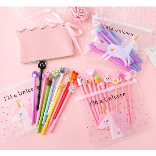 Wholesale 10pcs/set Cartoon Pen with Unicorn Storage Bag,0.5mm,Black,Office Accessory Stationary,School Supply Thing