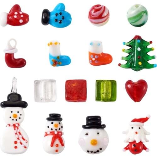 Pandahall 1Box Handmade Lampwork Beads Christmas Beads Snowman Gloves Christmas Tree for DIY Jewelry Making Home Decorations