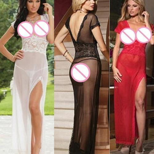 Womens Sexy Lace See Through Deep V-Neck Side Split Sleepwear Dress Nightwear long skirt suit seduction Valentines Day present