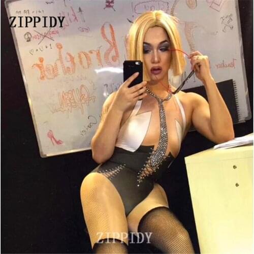 Sexy Bright Rhinestones Tie Black Bodysuit Teacher Design Costume Bar Jazz Dance Singer Stage Performance Outfit Stretch Leotard