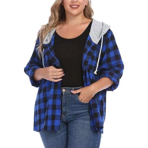 Womens Plus Size Plaid Hoodie Long Sleeve Shirt Jacket Button Down Casual Sweatshirtaesthetic Y2k Clothes Sudaderas Con Capucha