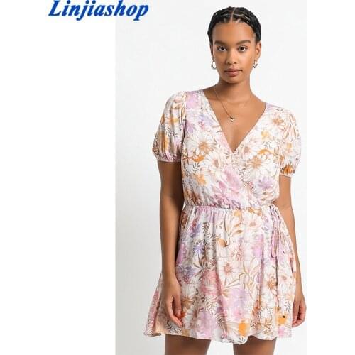 Summer Women Floral Print Chiffon Wrap Mini Dress Female Puff Sleeve Cross V Neck A Line Holiday Casual Dresses Short Vestido