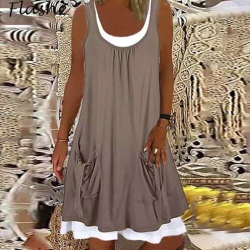 Women Dress Casual O Neck Pocket Sleeveless Vintage Summer Dress Women Loose Party Dress Elegant Lady Plus Size Dress 2021