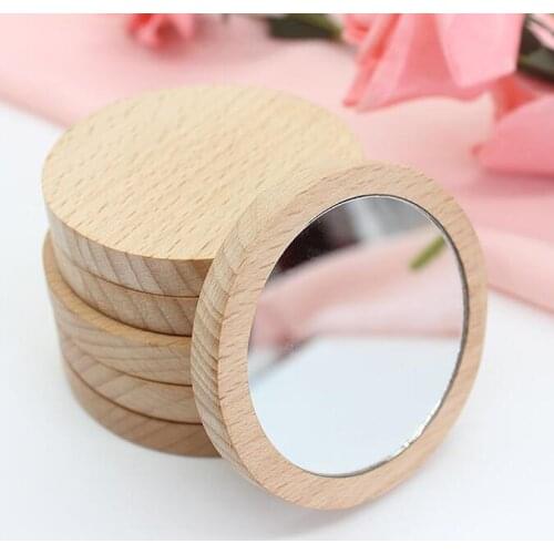 100pcs Wood Small Round Mirror Portable Pocket Mirror Wooden Mini Makeup Mirror Wedding Party Favor Gift Custom Logo#832023