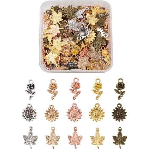 150pcs/Box Tibetan Style Alloy Pendants Sunflower Rose Flower Maple Leaf Mixed Color for Jewelry Making Decor Accessories
