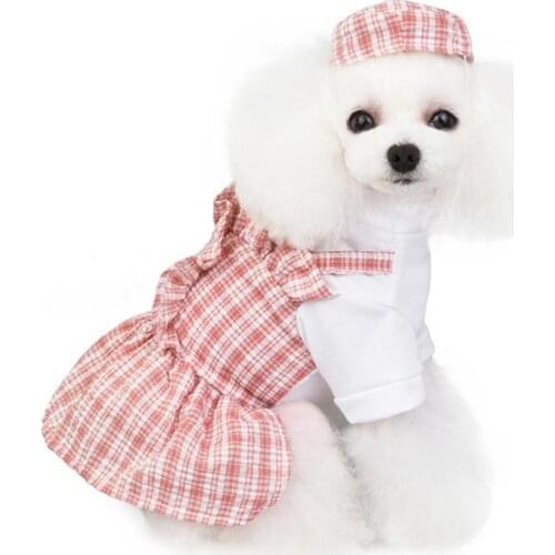 2Pcs/Set Dog Dresses Pet Clothes Plaid Design Skin-friendly Breathable Pet Dog Stap Dress Hat Kit for Summer