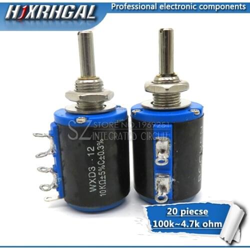 20pcs WXD3-12-1W 100 220 470 1K 2K2 3K3 4K7 10K 22K 33K 47K Ohm 100R 220R 470R 2.2K 3.3K 4.7K WXD3-12 1W Wirewound Potentiometer