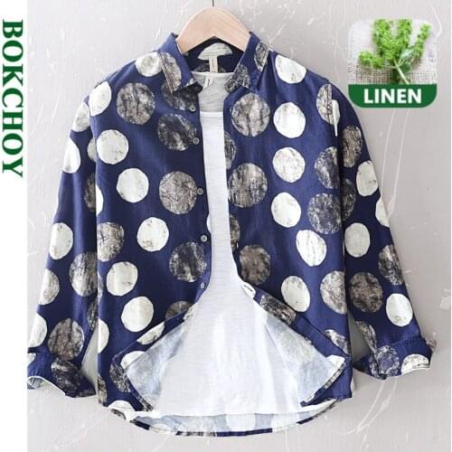 2020 new linen mens shirt polka dot casual long-sleeved shirt youth fashion loose cotton linen men