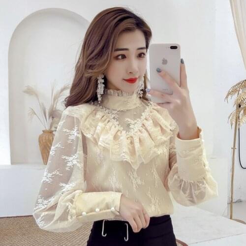 #8317 Basic Lace Blouse Women Ruffles Stand Collar Casual Vintage Women Blouse Hollow Out Sexy Long Sleeve Blouse Femme Autumn