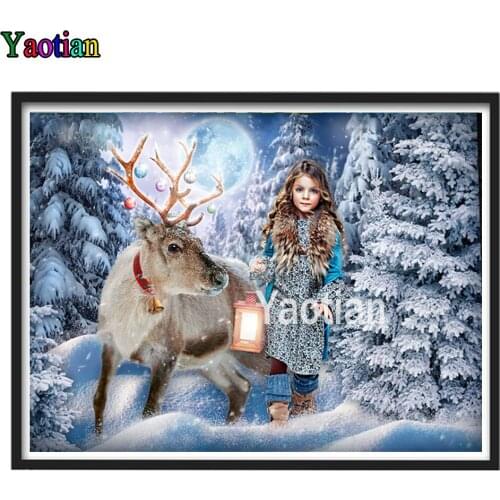 New Arrival 5D DIY Diamond Painting Snow Girl And Elk Full Round Diamond Embroidery Winter snow scene Mosaic Hobbies Gift