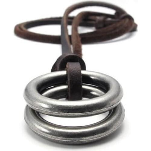 Jonline24h Vintage Style Alloy Double Circle Pendant Adjustable Leather Cord Mens Necklace Chain